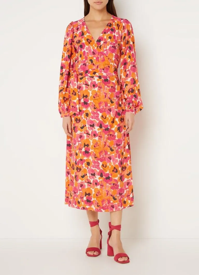 Nia midi wikkeljurk met bloemenprint en ballonmouw