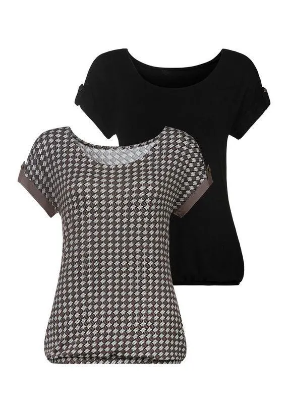 Vivance T-shirt met klein beleg en goudkleurige knoop onder aan de mouwen (Set van 2)