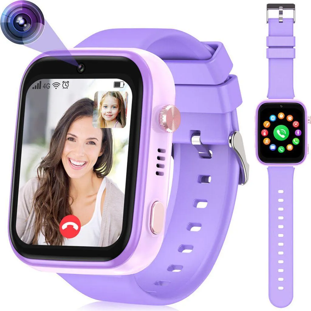 (Lila)Kinder-Smartwatch 4G mit GPS und Telefon, Smartwatch Kinder mit WLAN-Videoanruf-Kamera SOS, IP67 Wasserdichte Kinder-Smartwatch mit GPS-Echtzeitortung, Musik-Video-Player, Alarm