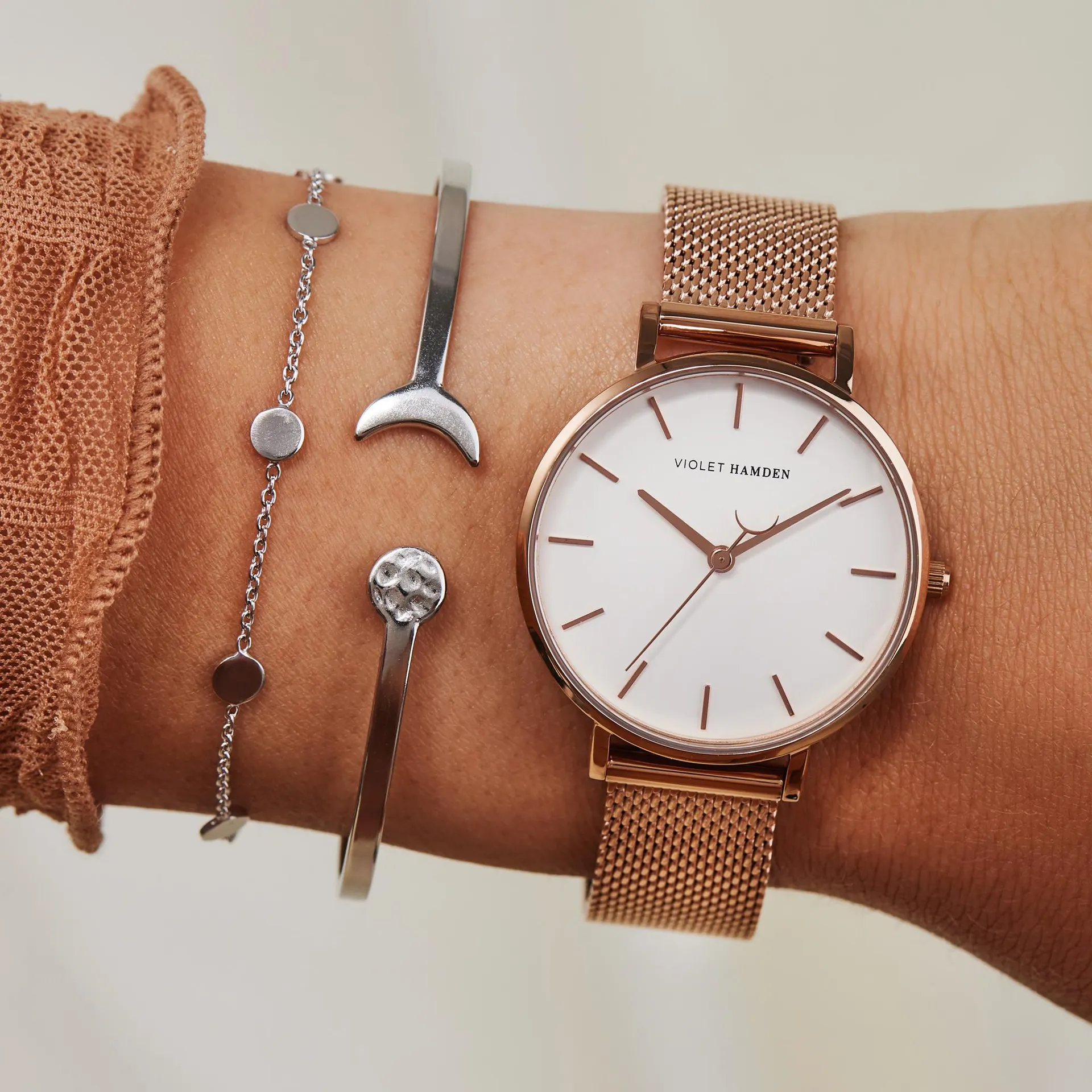 Violet Hamden Day & Night Rond Dameshorloge Rosé Goudkleurig En Wit VH08002