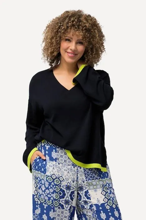 Trui, gekleurde manchetten, V-hals, lange mouw