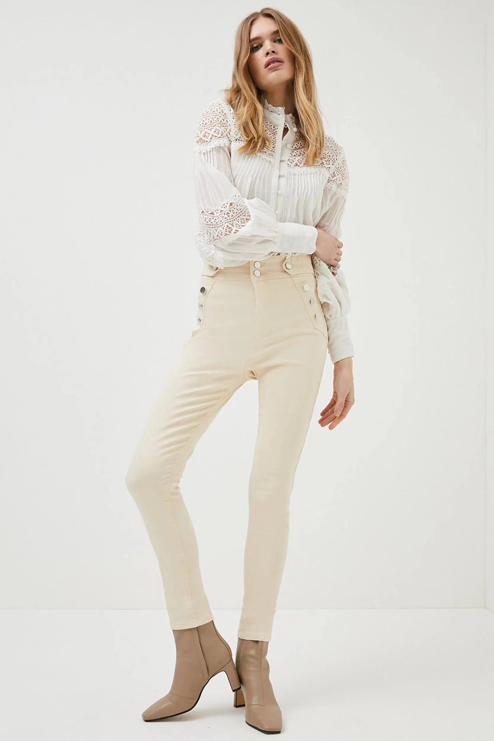 High Rise Skinny Ripped Button Detail Jeans