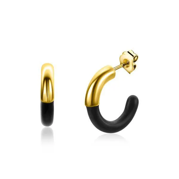 ZINZI gold plated zilveren trendy oorsieraden 16mm half emaille zwart ZIO2315Z