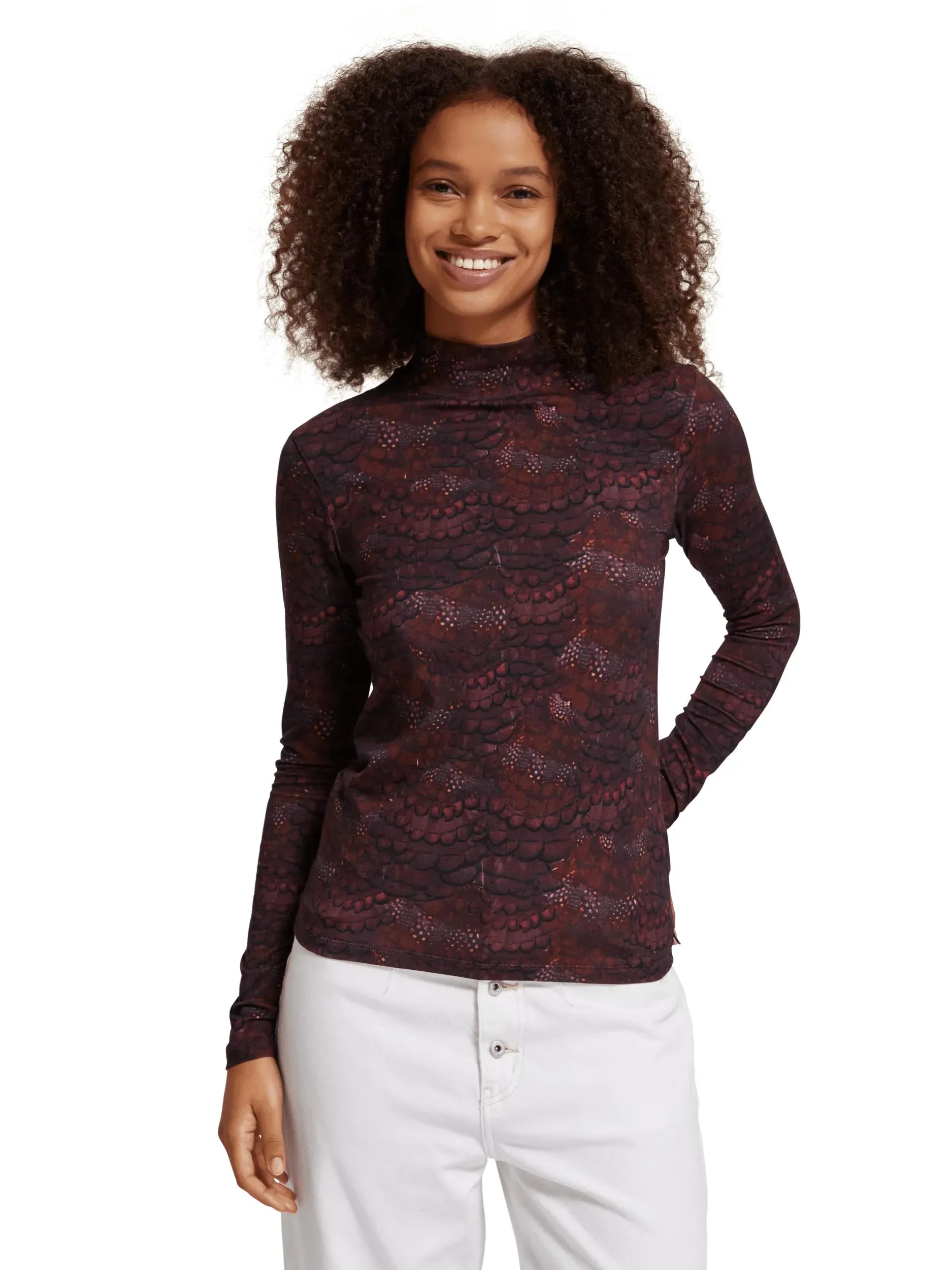 Printed long-sleeved mockneck T-shirt