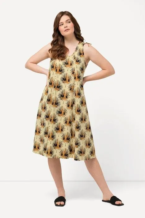 Midi-jurk, palmbladeren, V-halslijn, mouwloos, biologisch katoen
