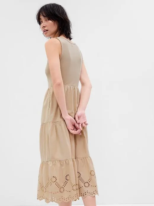 Eyelet Mixed Fabric Midi Dress