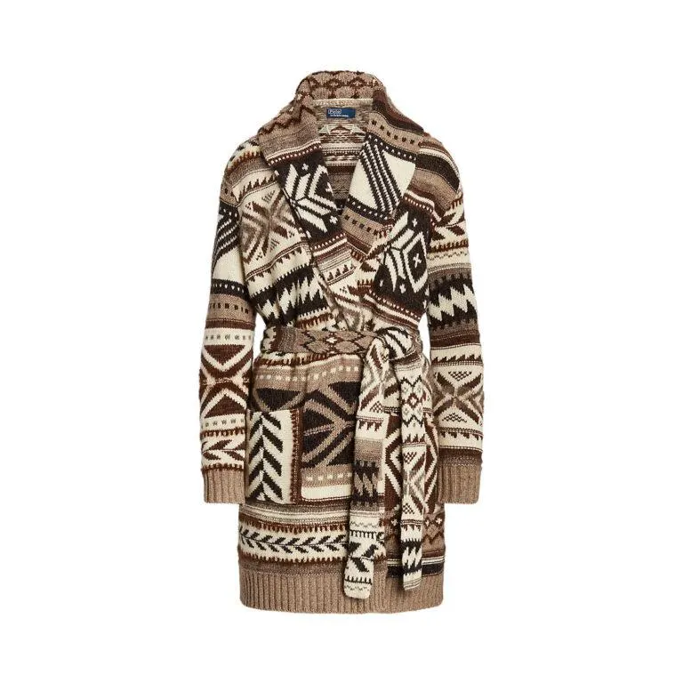 Geo-Motif Shawl-Collar Cardigan – Brun