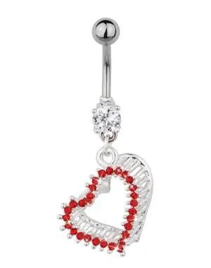 Navlepiercing med Hengende Hjerte Dekorert med Røde Stener