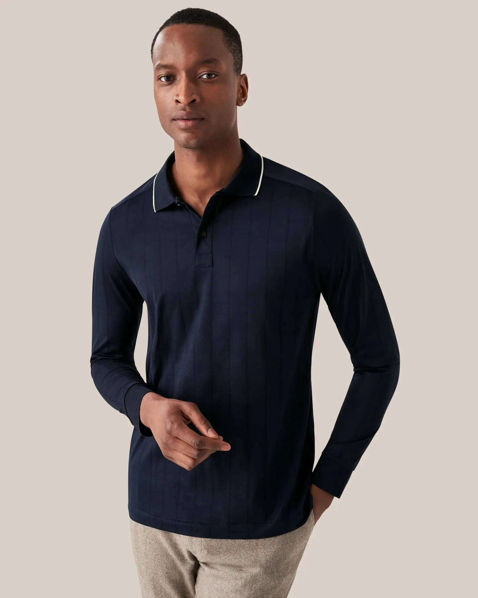 Navy Striped Filo di Scozia Jacquard Polo Shirt