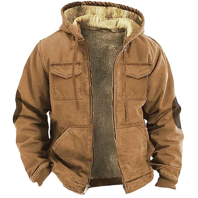 Hombre Sudadera con capucha y cremallera completa La chaqueta con capucha Sherpa difuso Verde Ejército Marrón Caqui Con Capucha Bloque de color Bolsillo Deporte Diario Festivos Vintage Fresco Casual