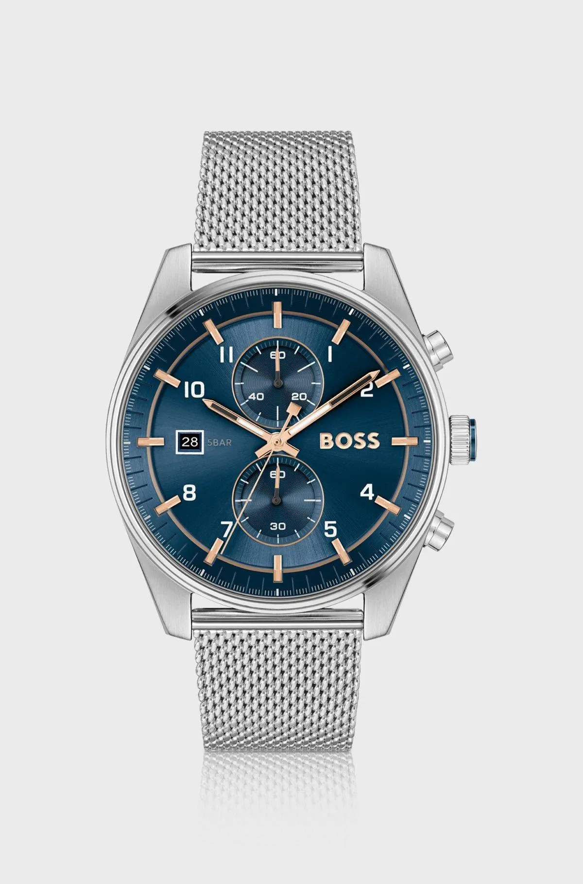 Mesh-bracelet chronograph watch with blue dial