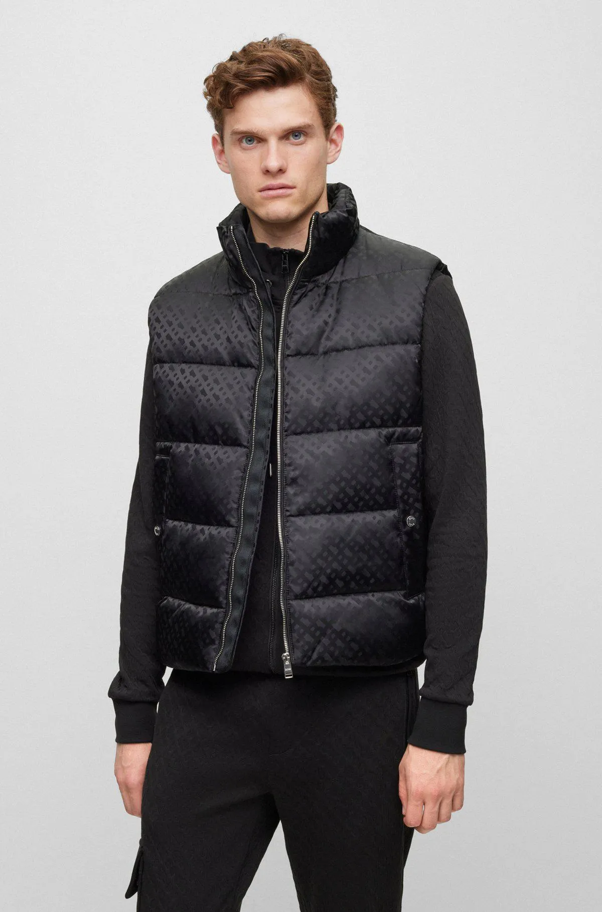 Water-repellent zip-up gilet with monogram pattern