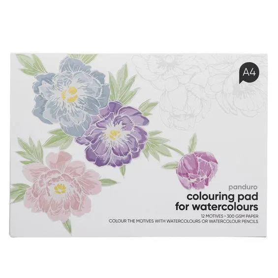 Malebok for akvarell med 12 blomstermotiver, L A4 (297×210 mm), 300 g/m²