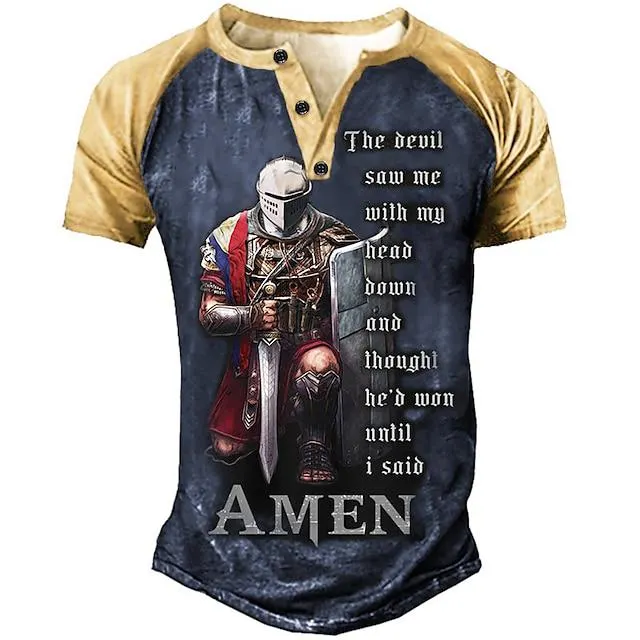 Hombre Camiseta Henley Shirt Camisetas gráficas Camisetas con eslogan Cruz Templaria Soldier Henley Azul Marino Azul Piscina Verde Trébol Gris Impresión 3D Talla Grande Exterior Diario Manga Corta