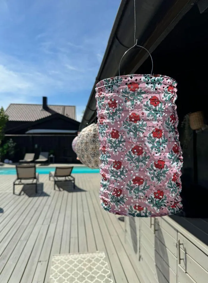 Lanterne solcelle sylinder tekstil - rosa