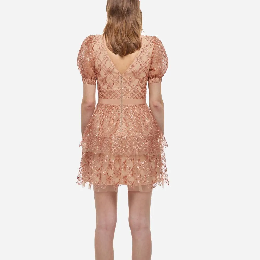 Grid Sequin Tiered Skirt Mini Dress Taupe