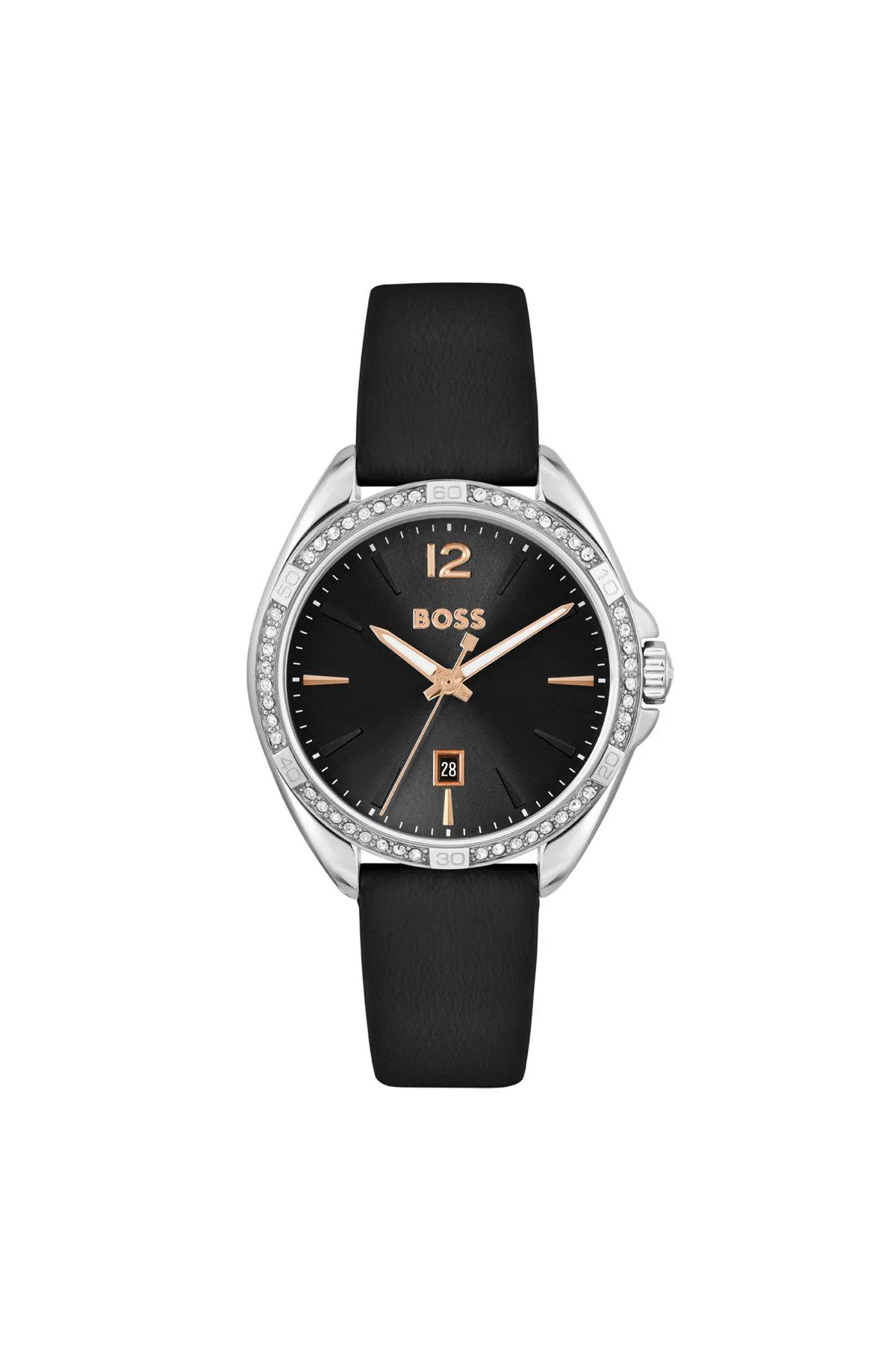 Black-dial watch with crystal-encrusted bezel