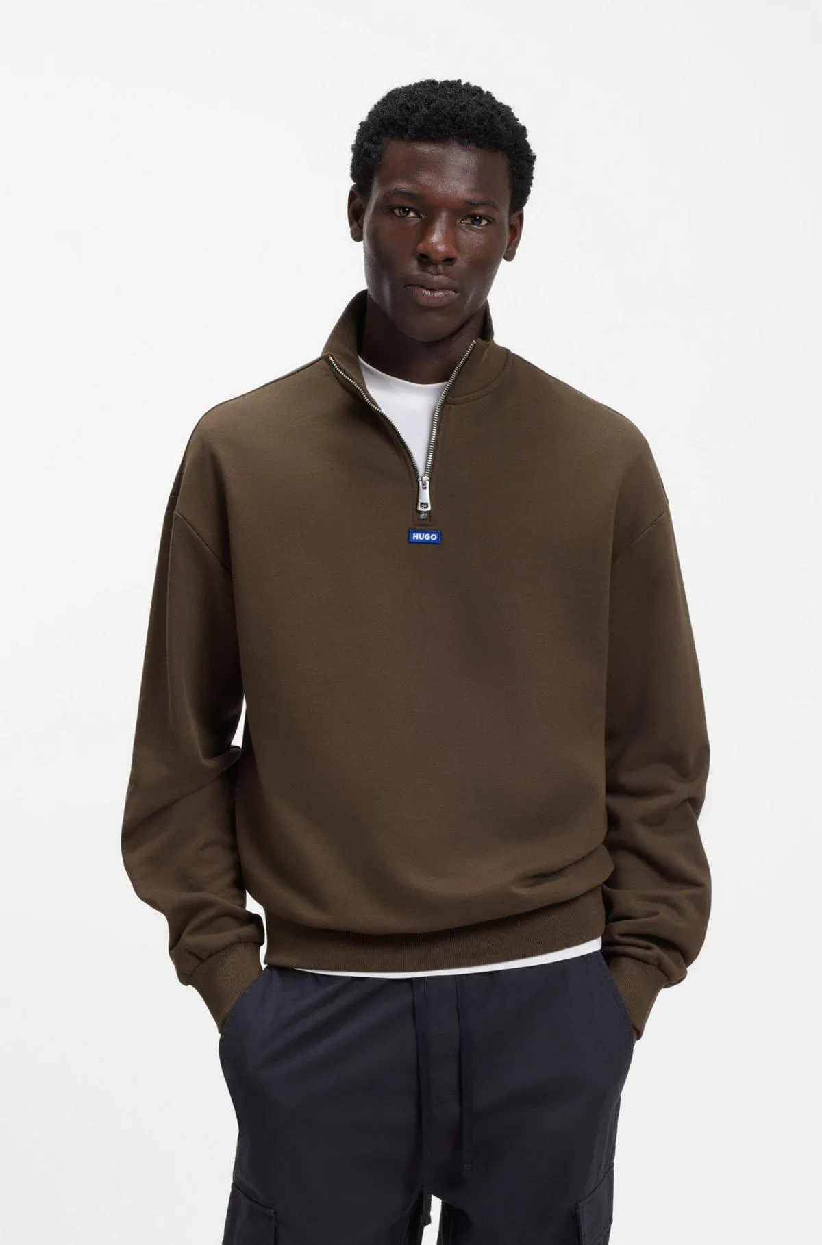 Zip-neck sweatshirt in cotton terry with logo patch