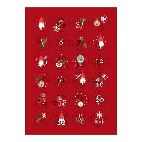 24 røde klistremerker med tallene 1–24, diameter ca. 40 mm