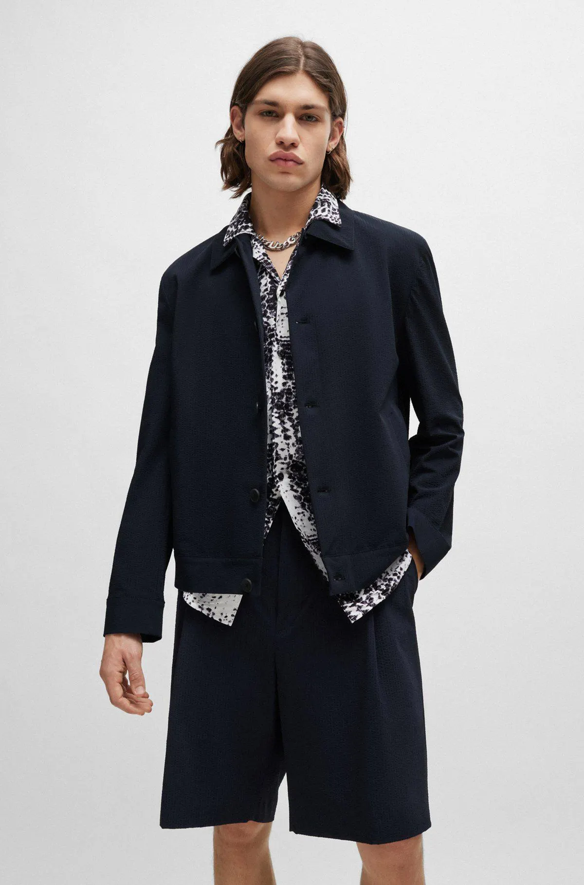 Slim-fit jacket in structured super-flex seersucker