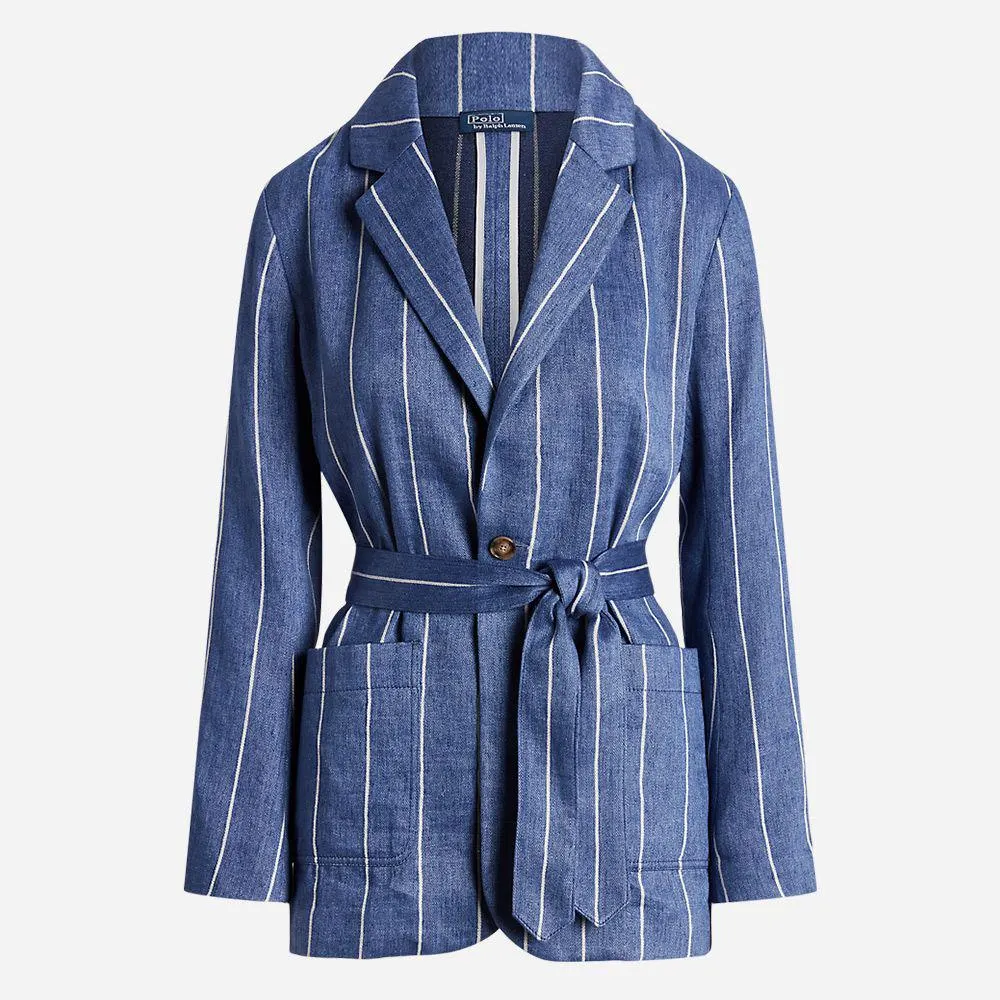 Striped Belted Linen-Cotton Blazer - Blue/White Stripe