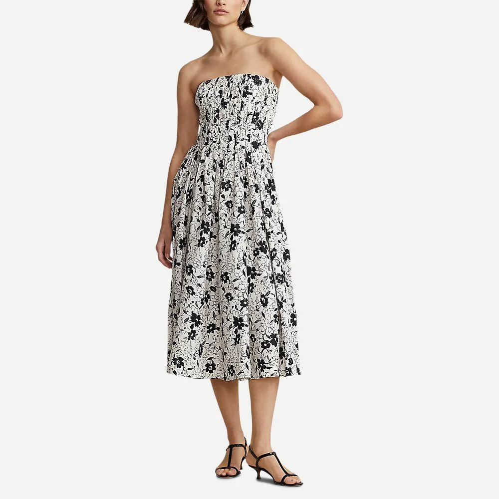 Floral Linen Strapless Dress - Black Lily On Cream