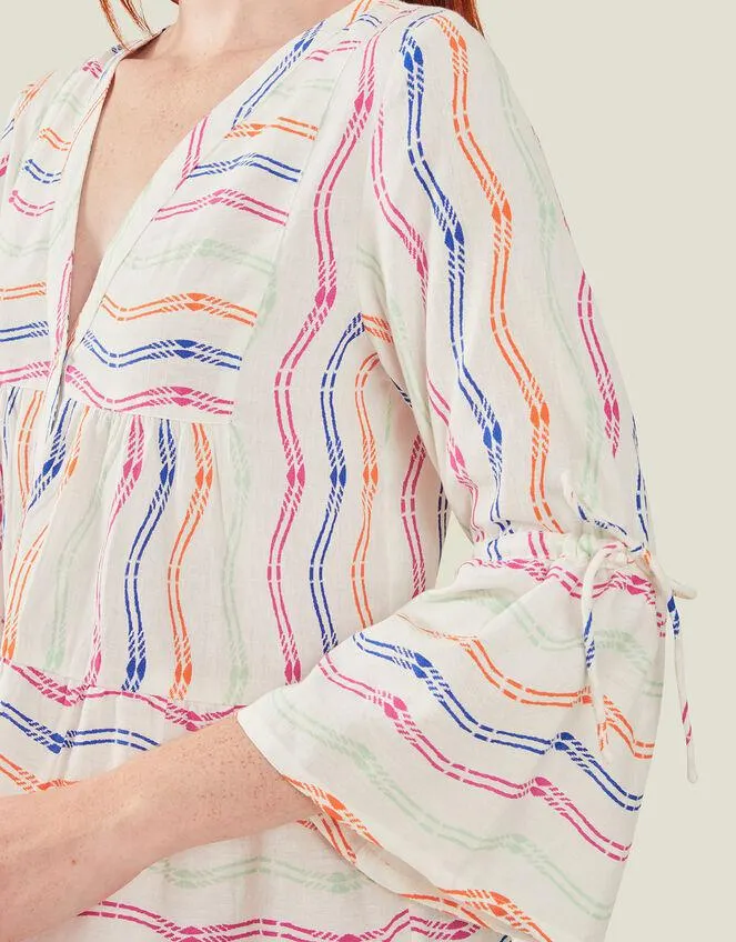 Stripe Flute Sleeve Dress White