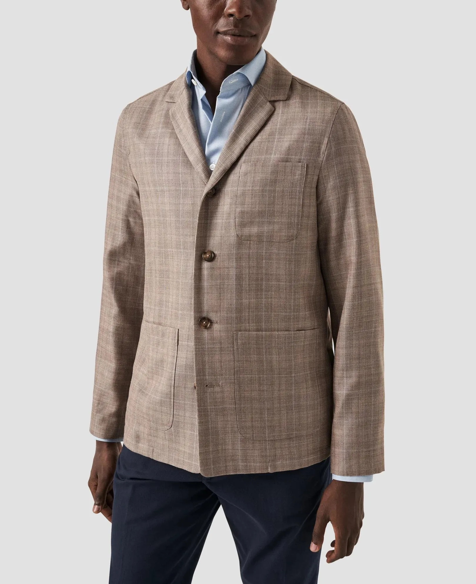 Light Brown Checked Dressy Linen Wool Overshirt