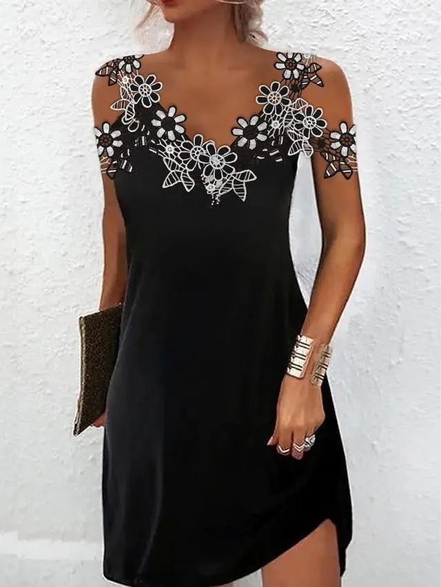 Women's Black Dress Summer Dress Contrast Lace Strap Mini Dress Cold Shoulder Daily Date Sleeveless Summer Spring