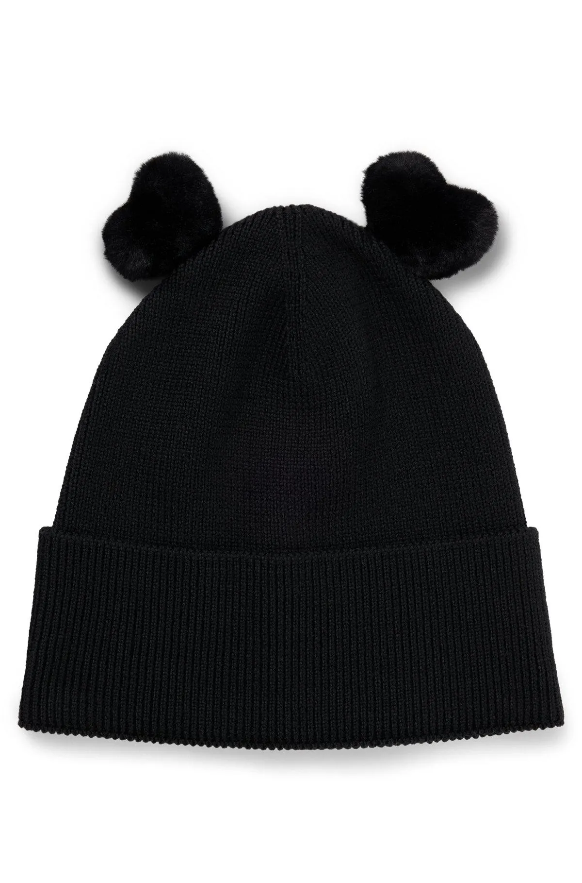 Ribbed beanie hat with heart-shaped pom-poms