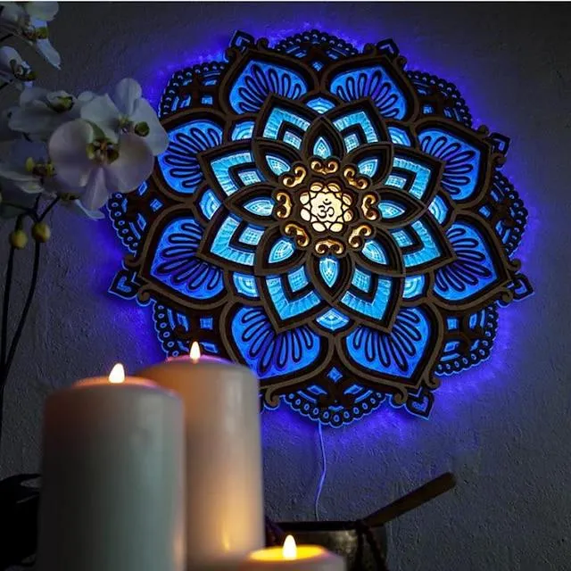 Lámpara decorativa de madera con mandala para sala de yoga, luz led de noche, luz tallada con corte láser multicapa, decoración de pared para el hogar, sala de estar, dormitorio, adorno, 1 unidad