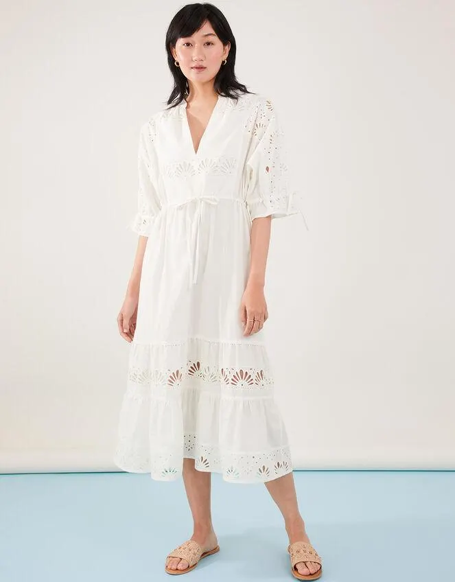 Mixed Shell Broderie Dress White