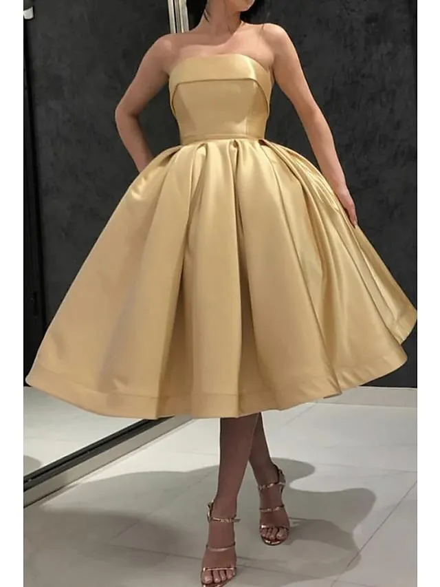 Ball Gown Prom Black Dress Vintage Dress Party Wear Prom Tea Length Sleeveless Strapless Satin with Pleats 2023