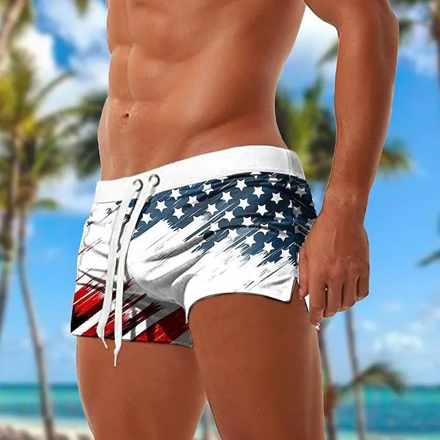 Men's Swim Shorts Swim Trunks Boxer Swim Shorts Shorts Pocket Drawstring Elastic Waist Flag American Flag National Flag Breathable Soft Short Surfing Holiday Beach Fashion Designer White Red