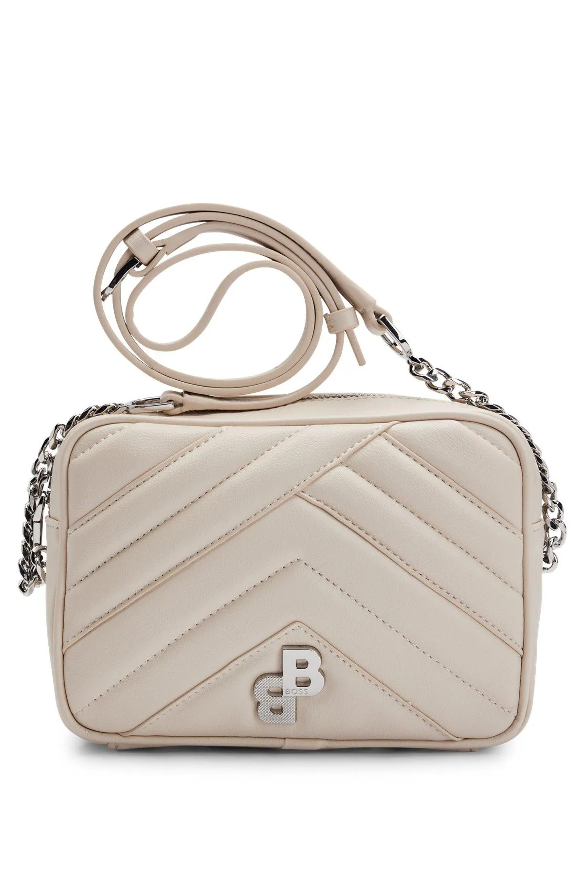 Quilted crossbody bag with metallic monogram detail
