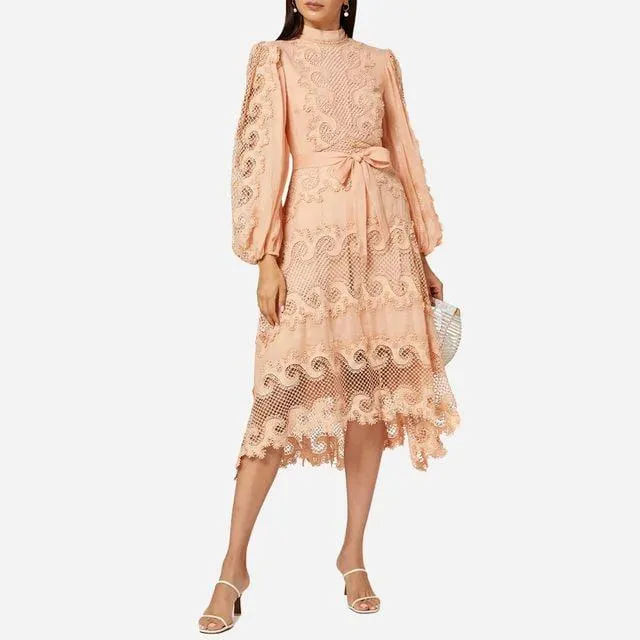 Victoriana Lace Midi Dress - Peach