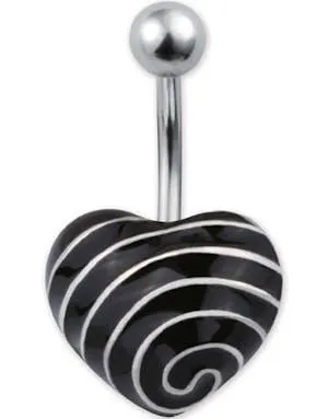 Heart With Silver Stripes Navlepiercing - Svart