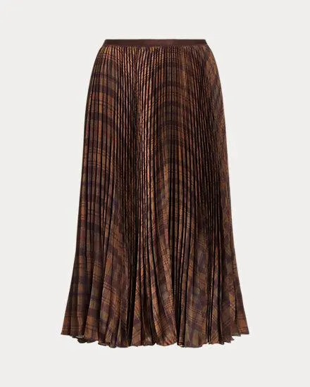 Pleated Plaid Crepe A-Line Midi Skirt