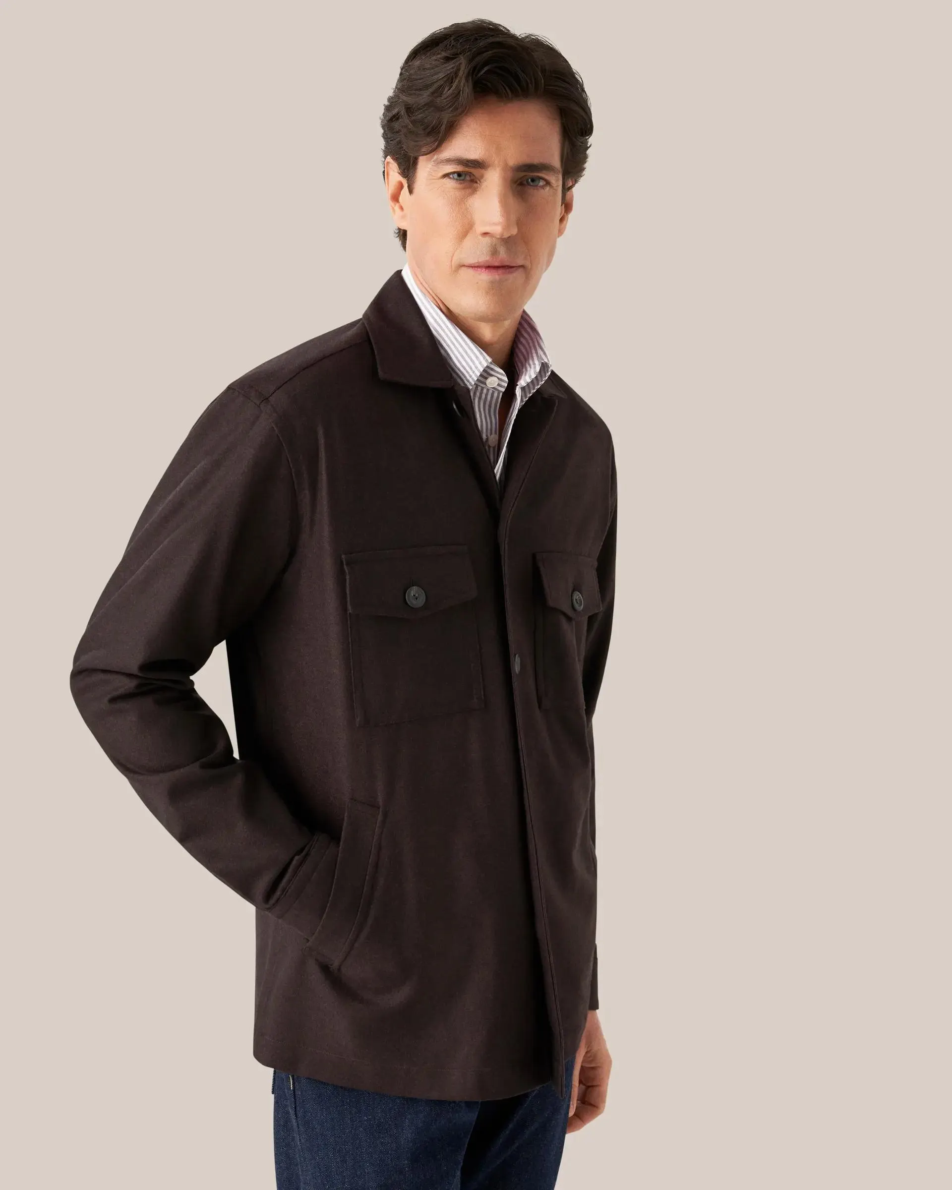 Dark Brown Herringbone Wool-Cashmere Flannel Overshirt