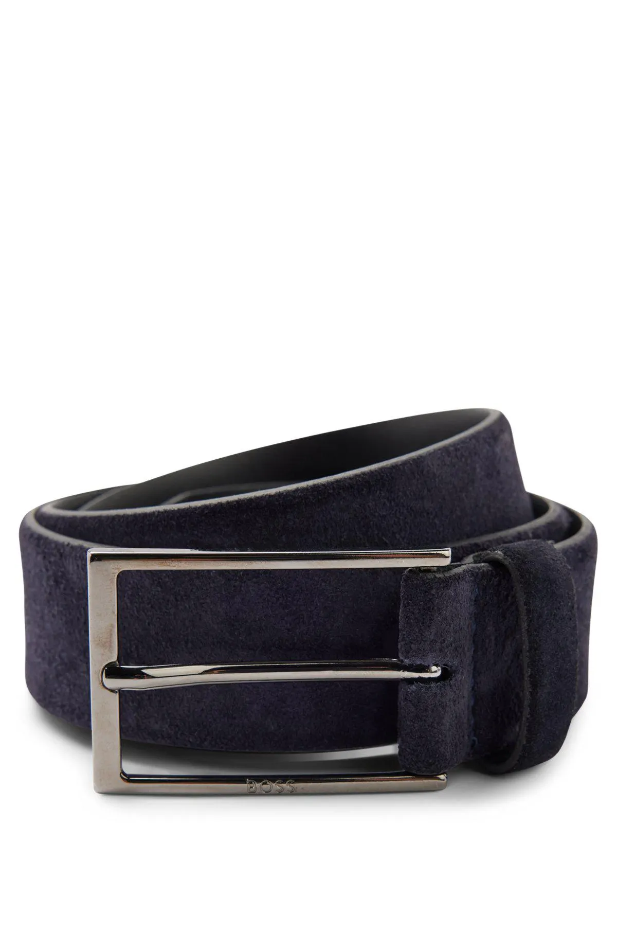 Suede belt with logo and gunmetal buckle