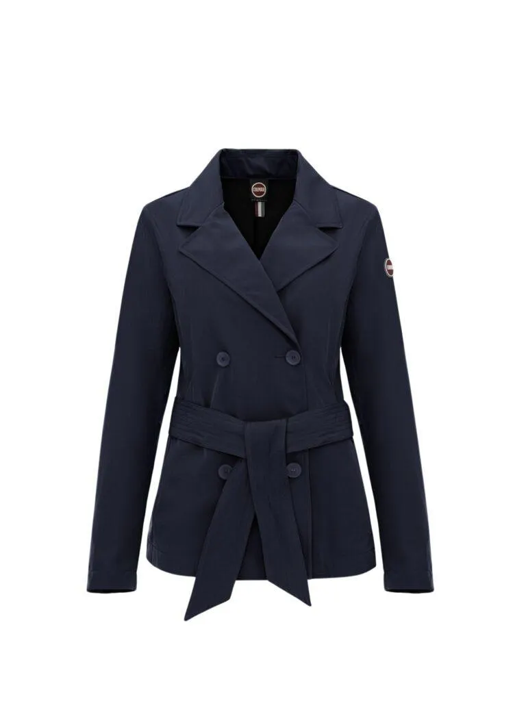 Short Softshell Trench Coat With Belted Waist – Navy Blue