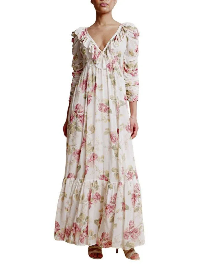 Georgette V-Neck Gown – Hvit