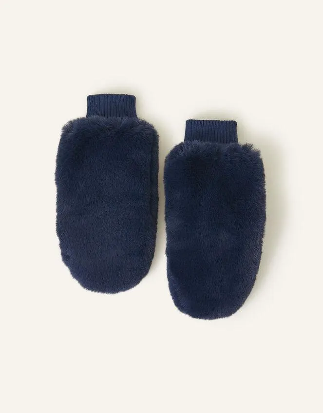 Faux Fur Mittens Blue