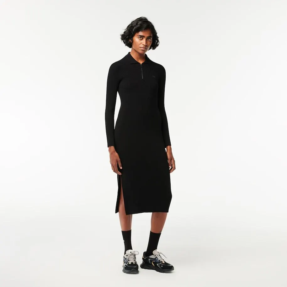 Long, Seamless Knit Ribbed Polo Dress