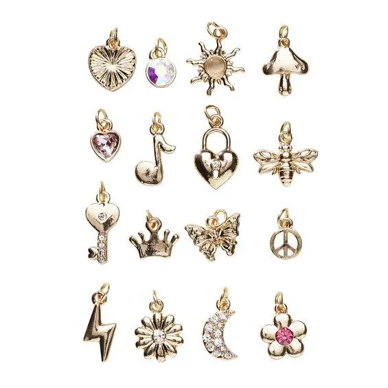 Anheng / charms i gullfarge 16 stk. – sol, måne, hjerte fredsmerke m.m.