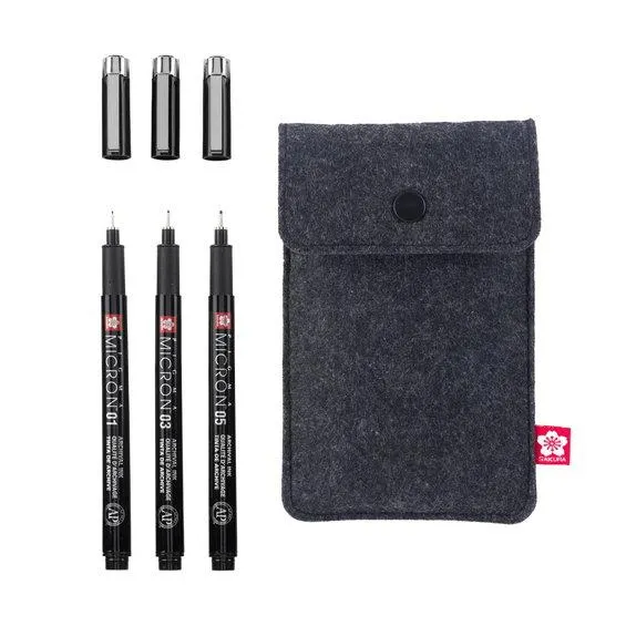 Sakura Pigma Micron Black Edition – 3 stk. fineliners #01, 03 og 05 + pennal
