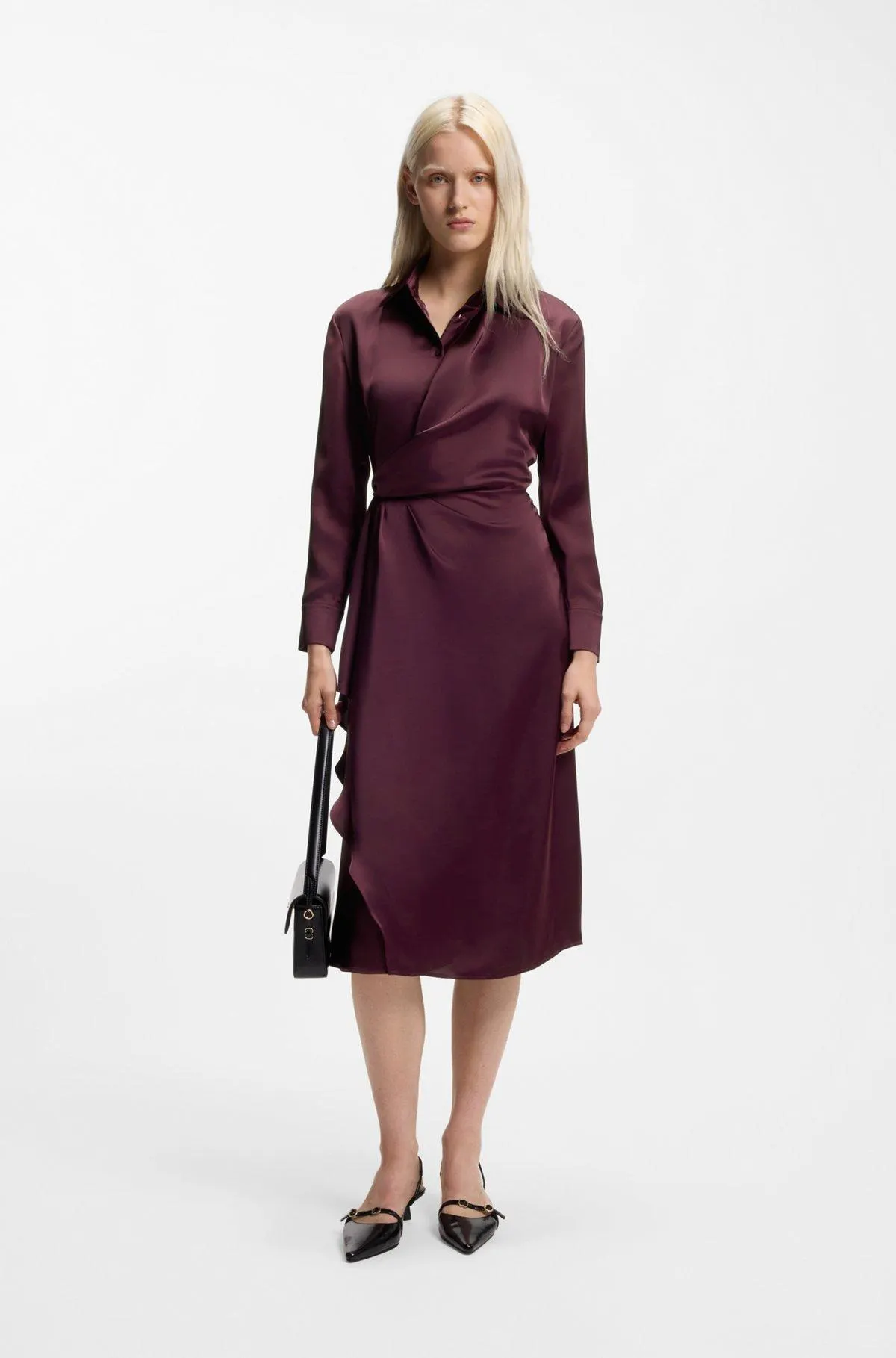 Satin midi dress with drape detail