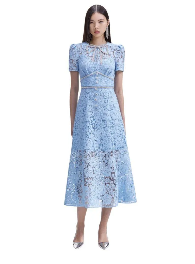 Blue Cord Lace Bow Mini Dress – Blå