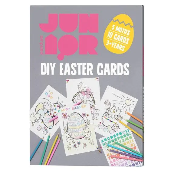DIY-kit Easter Cards påskehobby – 10 påskekort, 12 blyanter, klistremerker og strass