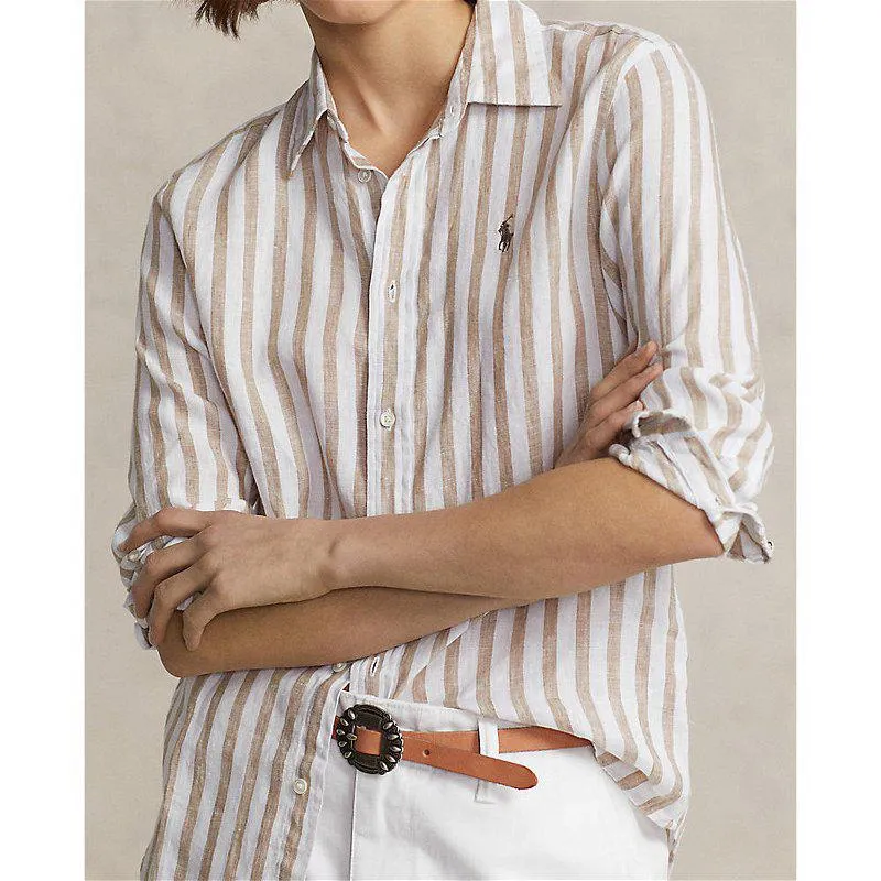 Relaxed Fit Striped Linen Shirt Camel/White